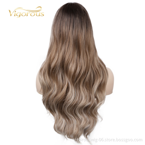 Vigorous Cheap U part Lace 100% Swiss Lace Front Ombre Wig Synthetic Hair Long Wavy Lace Frontal Colored Wigs For Black Women